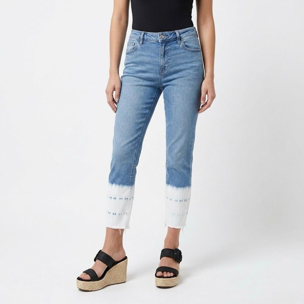 Old Navy Rockstar Super Skinny Jeans 8 Mid Rise Ankle Bleached Dip Dye Raw Hem